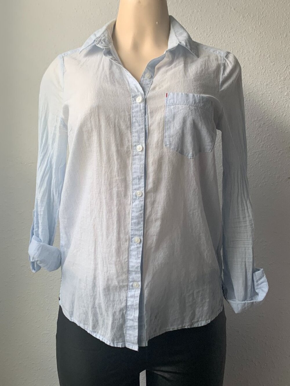 Rosette by Be Cool Light Blue Striped Button Down Shirt Cotton Womens Small